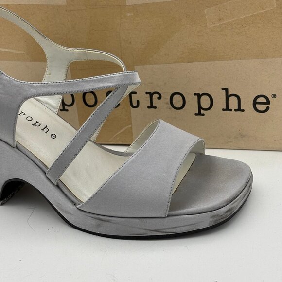Vintage Apostrophe Heels Metallic Silver Open Toe Sandals Block Buckle 1990s 6.5 - Picture 2 of 8